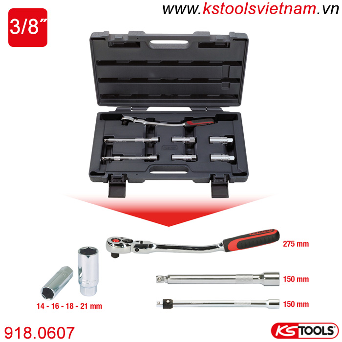 Bộ khẩu bugi 3/8 inch 7 chi tiết 918.0607 KS Tools