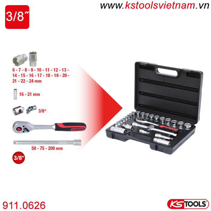 Bộ khẩu tuýp tay vặn 3/8 inch 26 chi tiết 911.0626 KS Tools