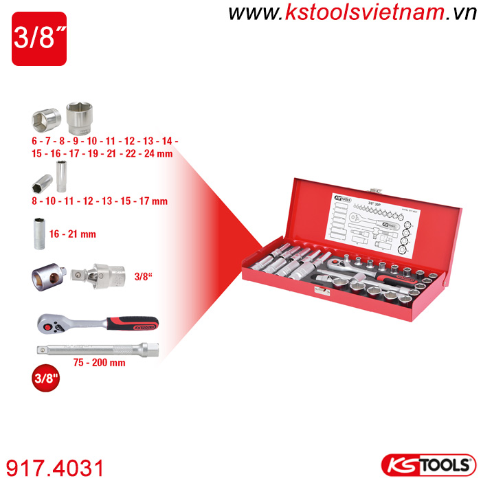 Bộ khẩu tuýp tay vặn 3/8 inch 30 chi tiết 917.4031 KS Tools