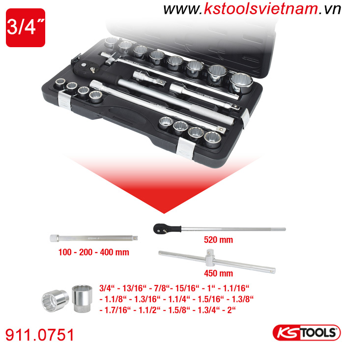 Bộ khẩu tuýp tay vặn 3/4 inch 21 chi tiết 12 cạnh 911.0751 KS Tools