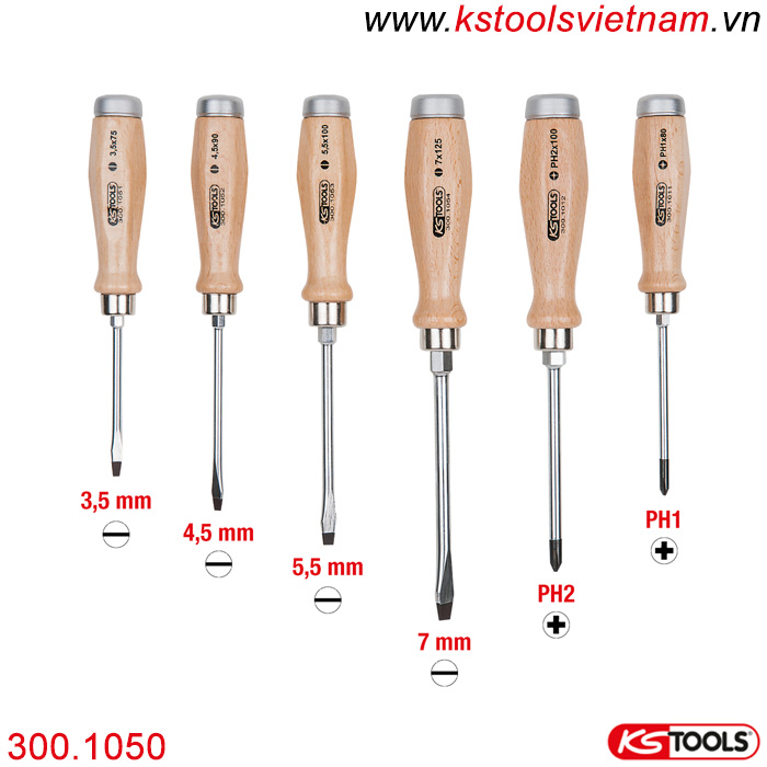 Bộ tô vít đóng chuôi gỗ 6 chi tiết 300.1050 Ks Tools