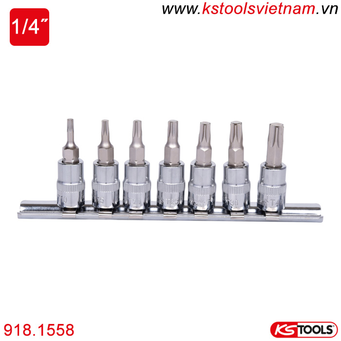 Bộ khẩu bit socket ổ trục vít đầu hoa thị Torx 1/4 inch 7 chi tiết T10-T40 KS Tools 918.1558