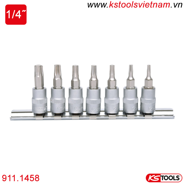 Bộ khẩu bit socket ổ trục vít đầu hoa thị Torx 1/4 inch 7 chi tiết T10-T40 KS Tools 911.1458