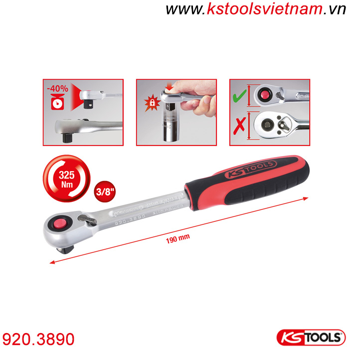 Tay vặn nhanh đảo chiều 3/8 inch 72 răng SlimPOWER KS Tools 920.3890