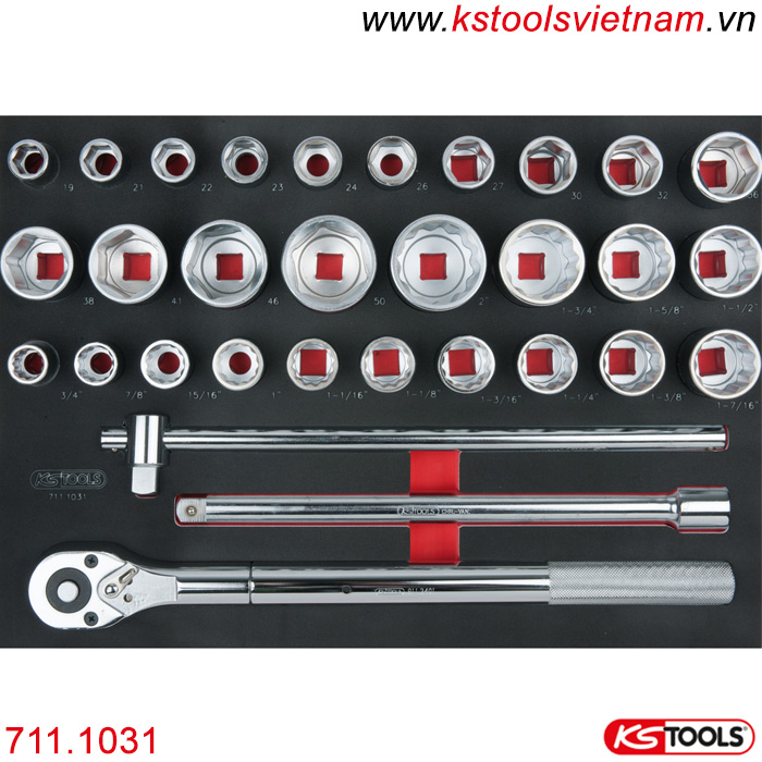 Bộ tay vặn đầu khẩu 3/4 inch 31 chi tiết KS Tools 711.1031 dạng khay dùng cho tủ.