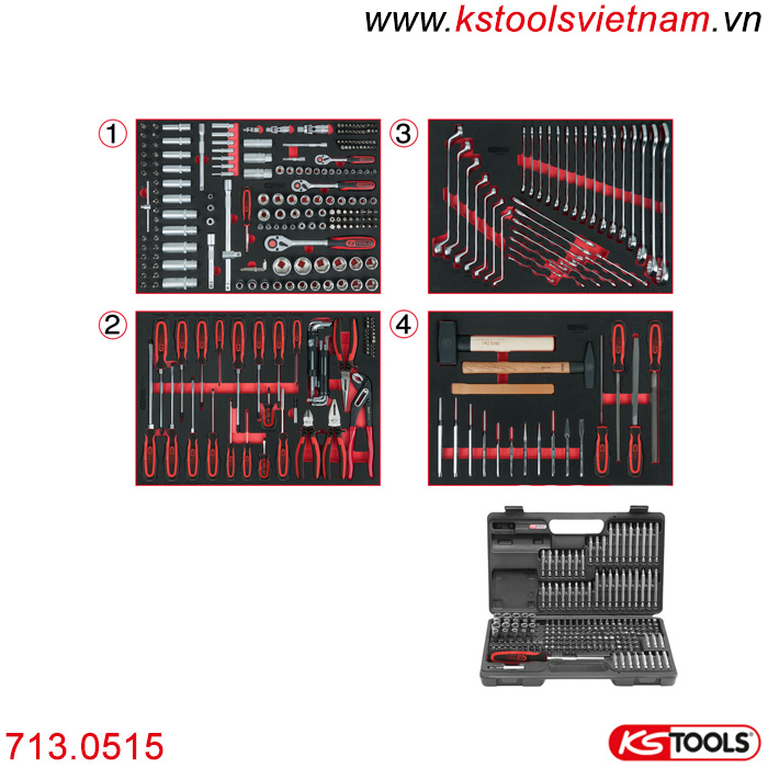 Combo 4 khay dụng cụ đồ nghề 515 chi tiết 713.0515 KS Tools. 