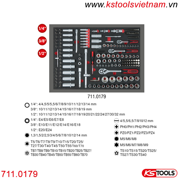 Khay đồ nghề gồm tay vặn khẩu bít socket 179 chi tiết KS Tools 711.0179