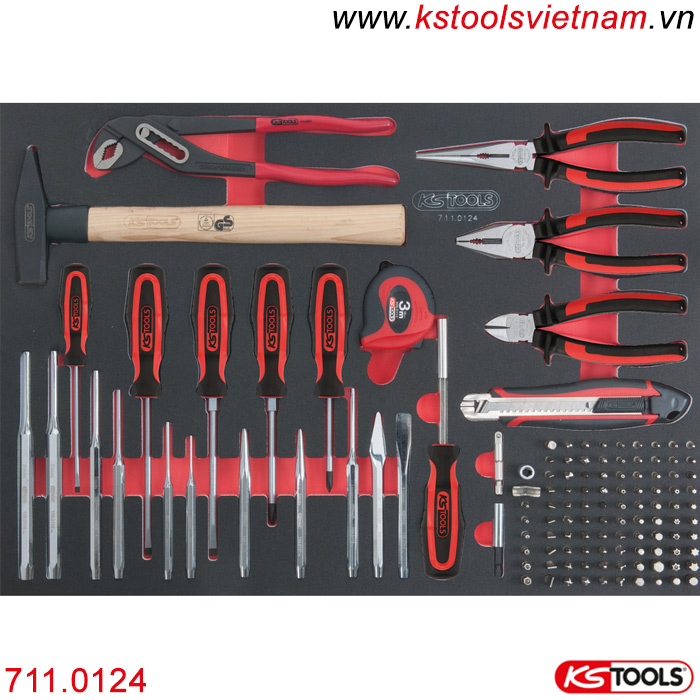 Khay dụng cụ gồm tô vít kìm đục bit sokcet 711.0124 KS Tools 124 chi tiết.