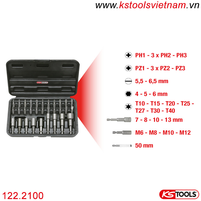 bộ bít và drive socket 1/4 inch 122.2100 ks tools 