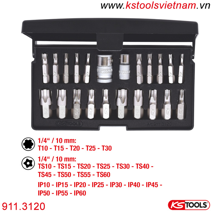 Bộ mũi vít xe ô tô Torx Plus 22 chi tiết 911.3120 KS Tools