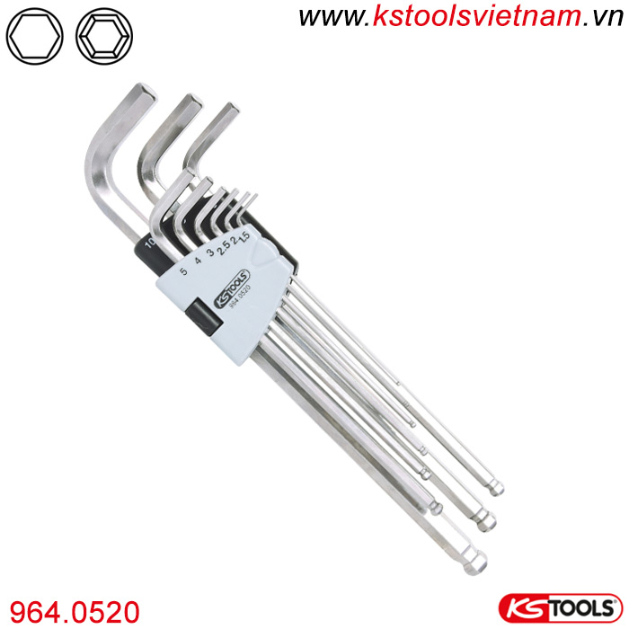 Bộ lục giác đầu bi siêu dài 1,5-10mm 9 cây INOX 964.0520 KS Tools