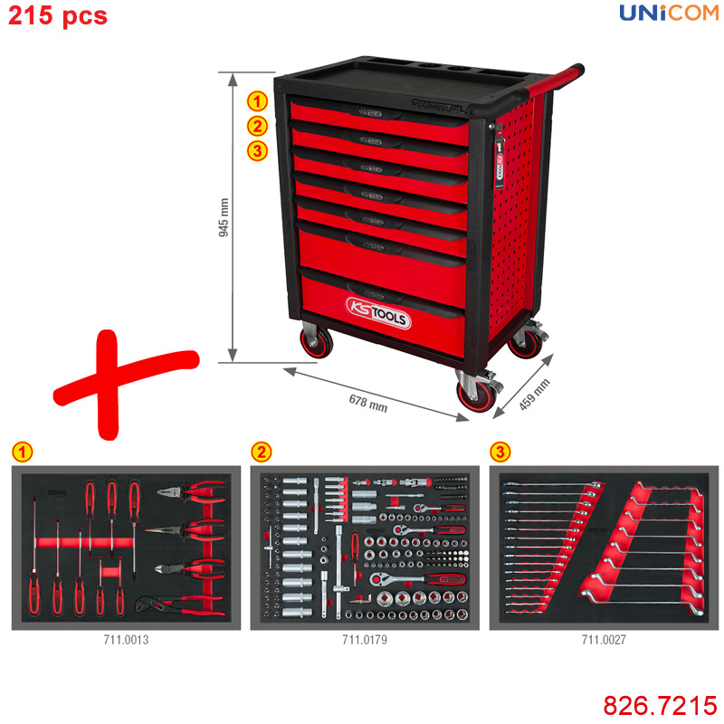 Chi tiết tủ đồ nghề 215 chi tiết 7 ngăn kéo KS Tools 826.7215