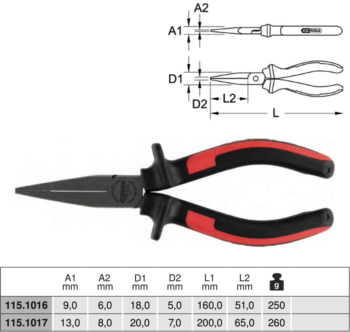 bảng thông số Kìm mũi dẹt đầu bằng 160-200 mm 115.101 Series KS Tools