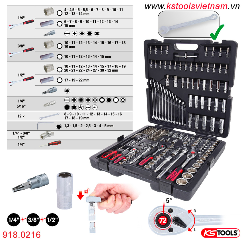 đặc tính kỹ thuật Bộ khẩu đa năng 216 món 1/4 - 3/8 - 1/2 inch KS Tools 918.0216