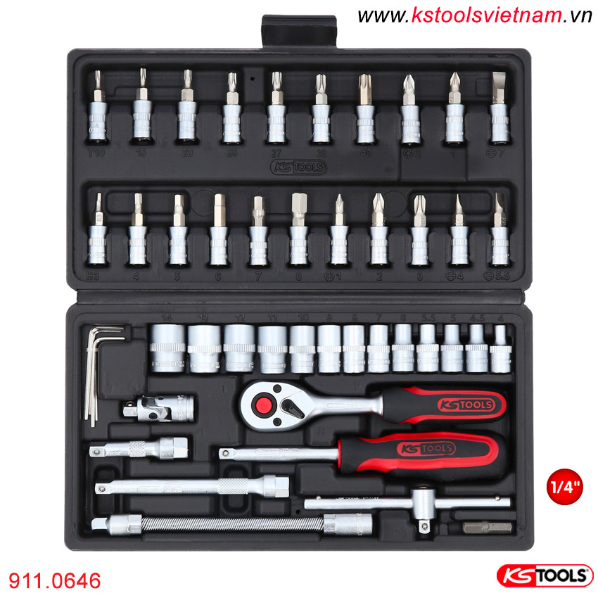 Chi tiết Bộ đầu tuýp 1/4 inch sửa chữa 46 pcs model 911.0646 KS Tools