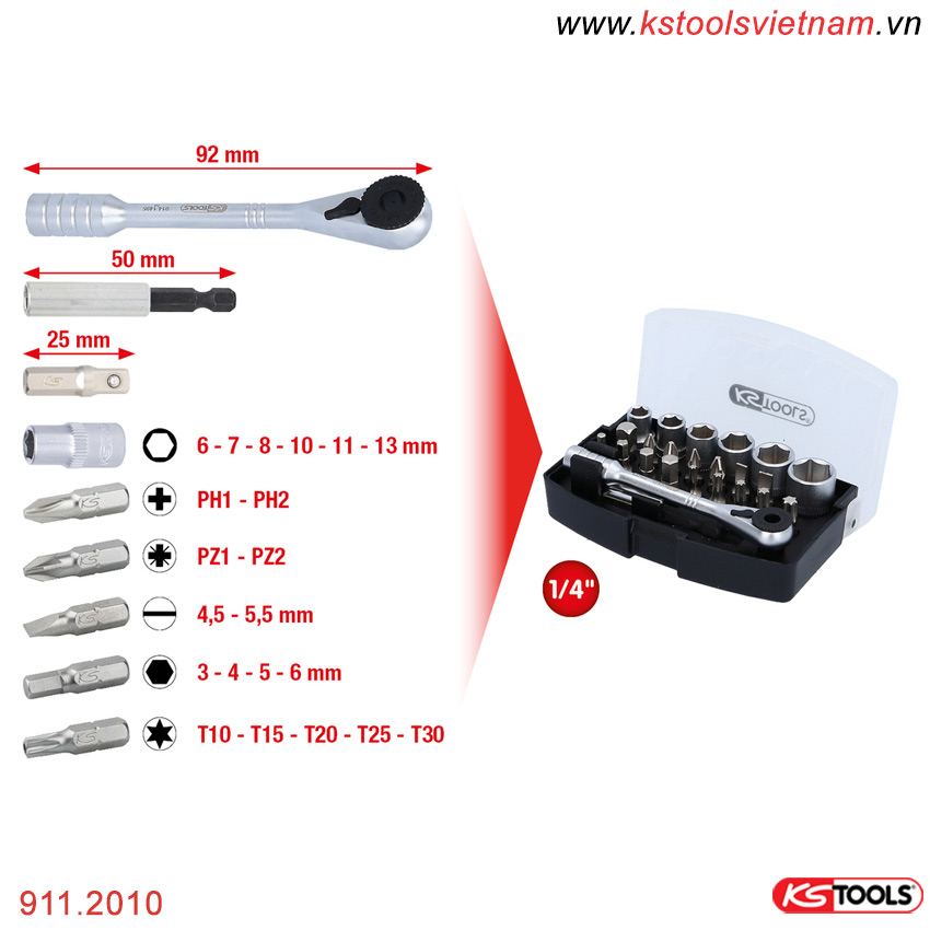 Bộ bit socket 1/4 inch 24 chi tiết KS Tools Model 911.2010