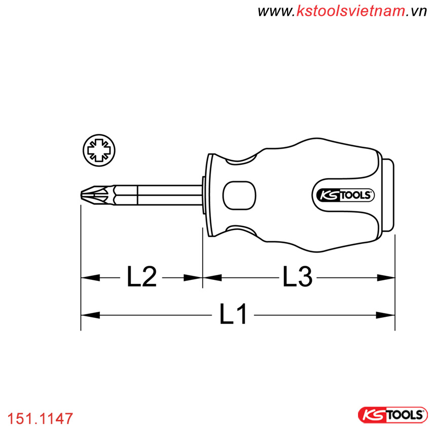 Thông số kỹ thuật Tua vít đóng lùn, PZ2 model 151.1147 - KS tools Đức