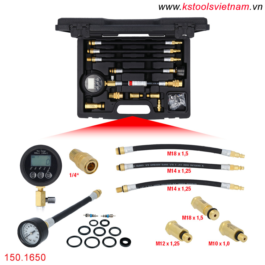 Bộ thiết bị đo kiểm tra áp suất nén cho động cơ xăng ô tô 10 món KS Tools 150.1650