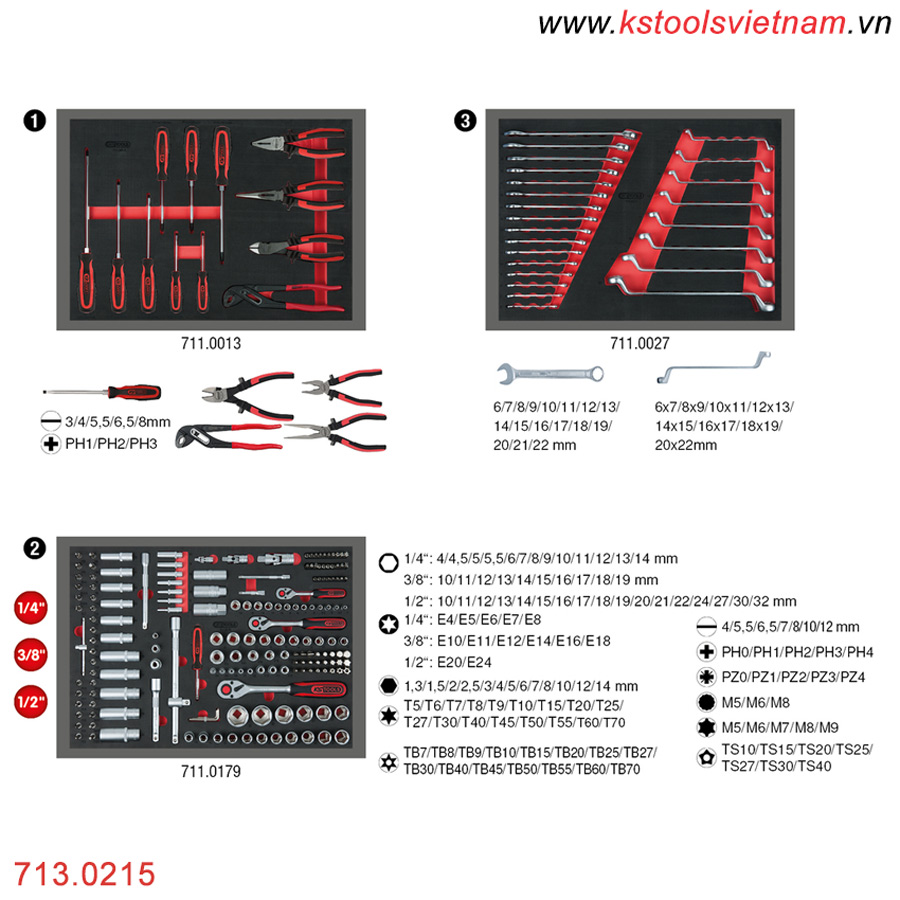 Bộ 3 khay dụng cụ đồ nghề 215 món cho tủ dụng cụ sửa chữa 713.0215 KS Tools