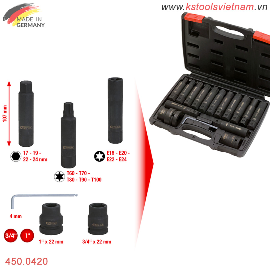 Bộ khẩu đầu bít đen cho máy siết bulong 3/4+1 inch 16 pcs 450.0420