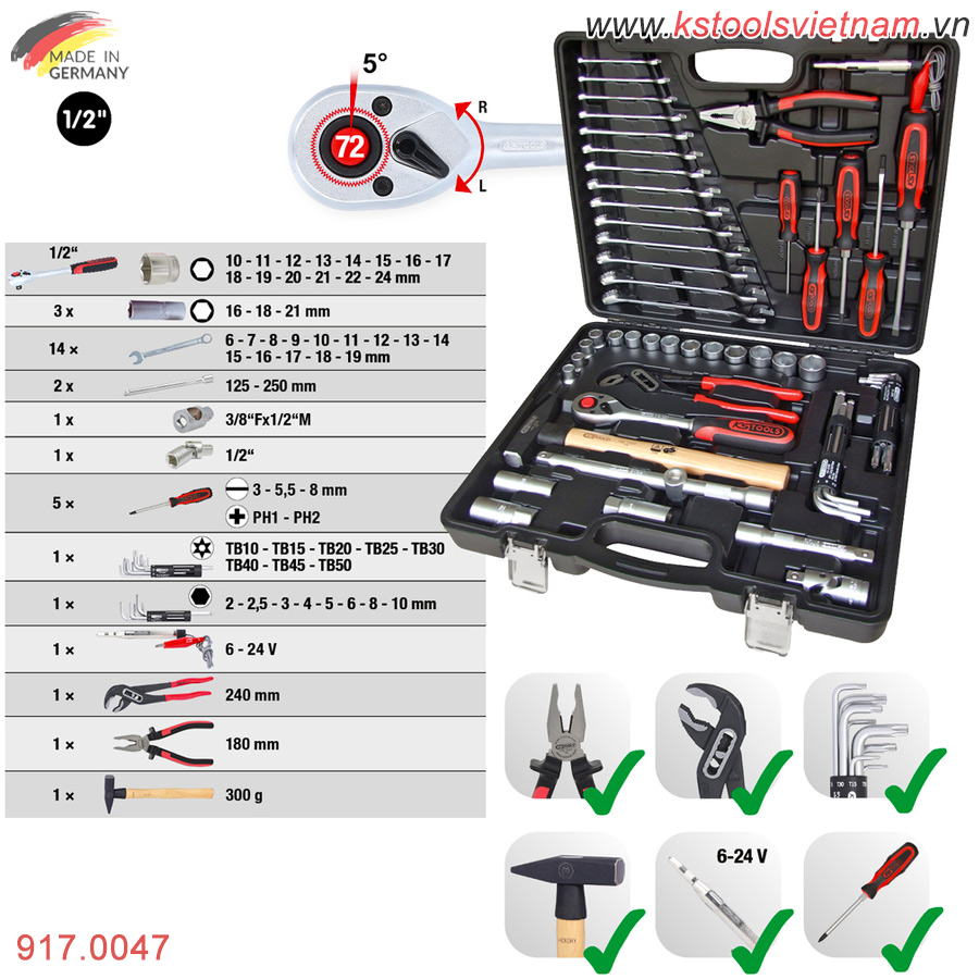 thông số Bộ dụng cụ sửa chữa đa năng 47 pcs KS Tools 911.0747