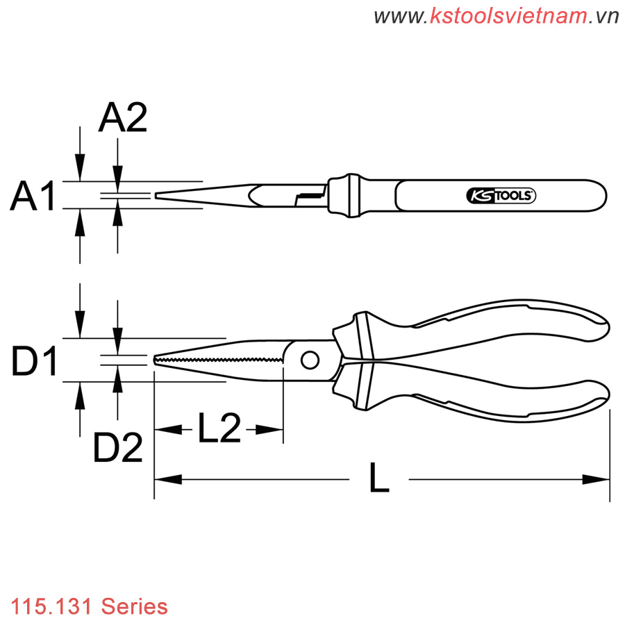 Spec Kìm mũi dẹt phẳng đầu dài 51-63 mm KS Tools 115.131 Series