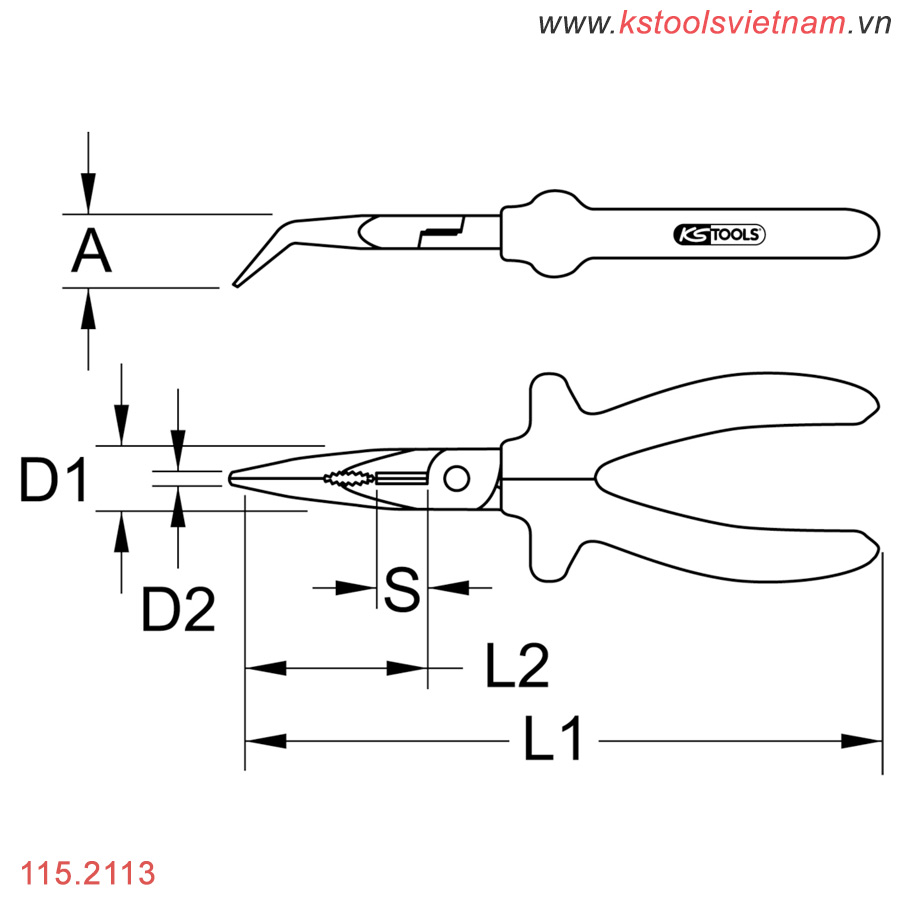 spec Kìm mũi nhọn đầu cong 45 độ, 210 mm KS Tools 115.2113